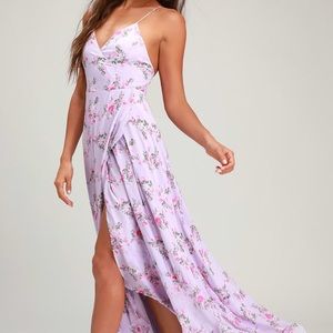 Lavender Floral Lace-Up High-Low Maxi Dress